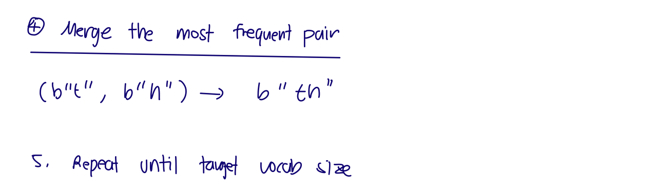 Handwritten tokenizer notes showing merging the most frequent pair and repeating until target vocab size