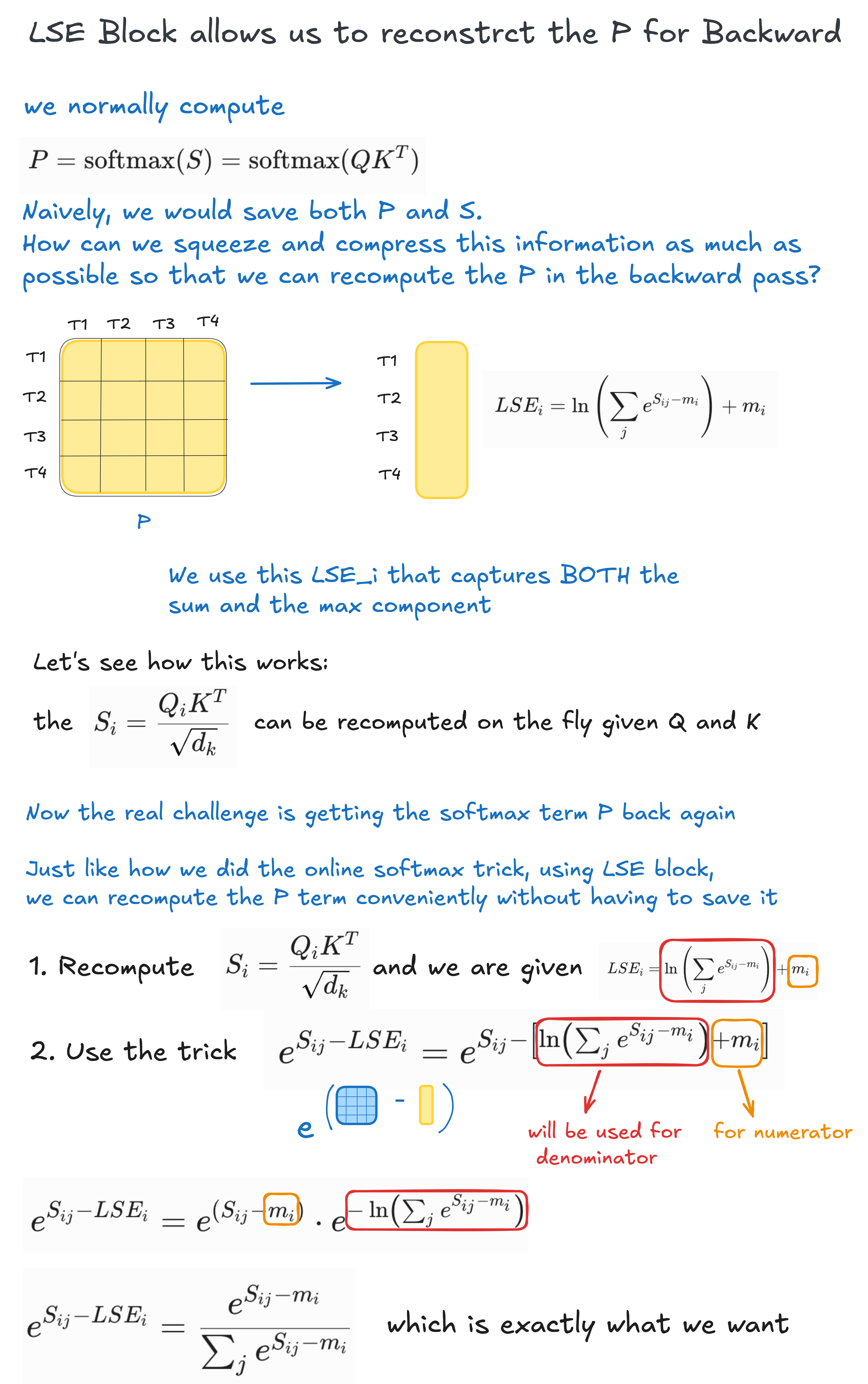 Handwritten log-sum-exp trick for reconstructing softmax probabilities in FlashAttention backward